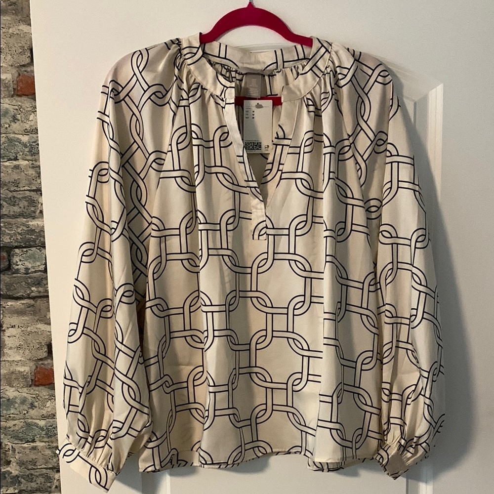 H&M Cream Blouse with Puff Sleeves and Mandarin Collar